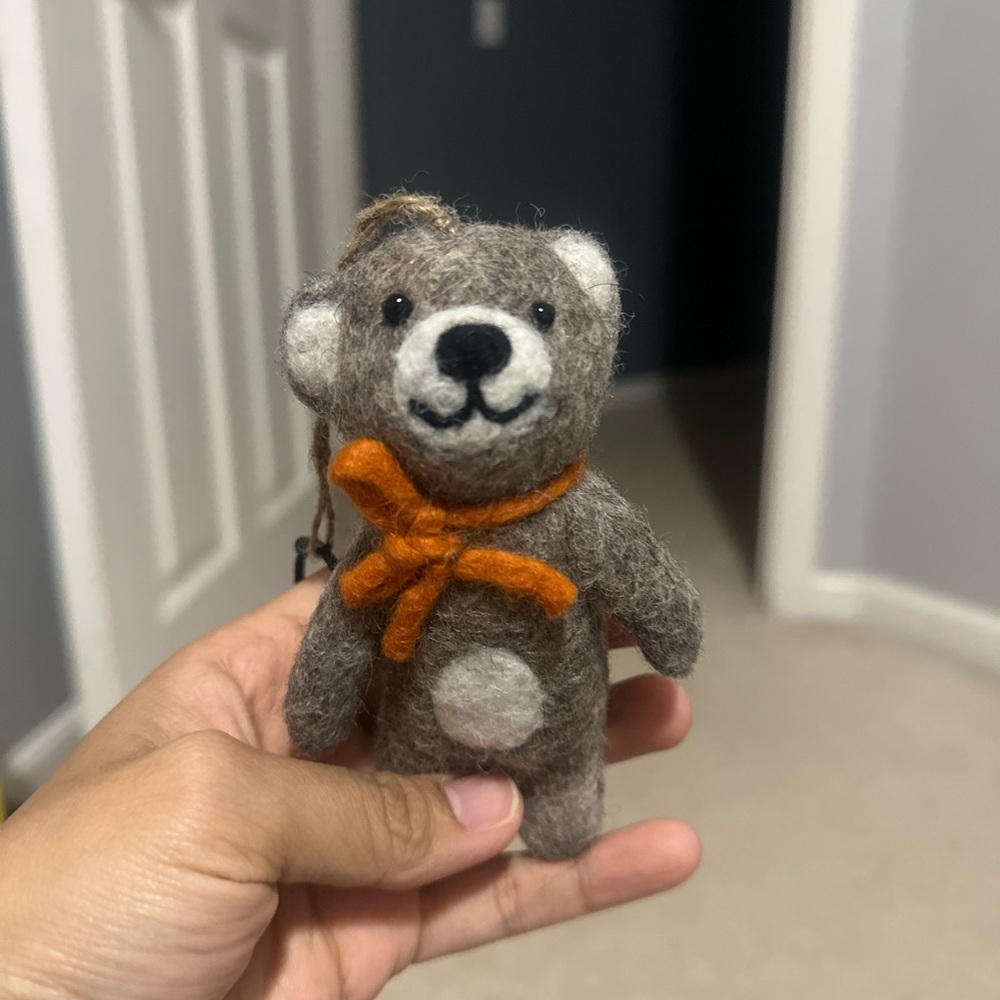 Handmade Wool Felt Bear Keychain with Orange Bow